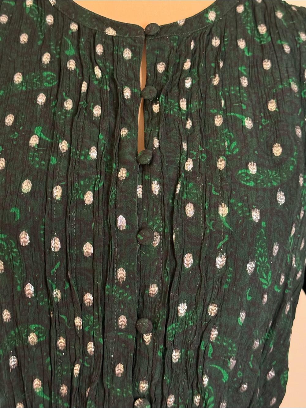 Loft fit & flare dress forest green & floral metallic pattern SZ M - Picture 5 of 14
